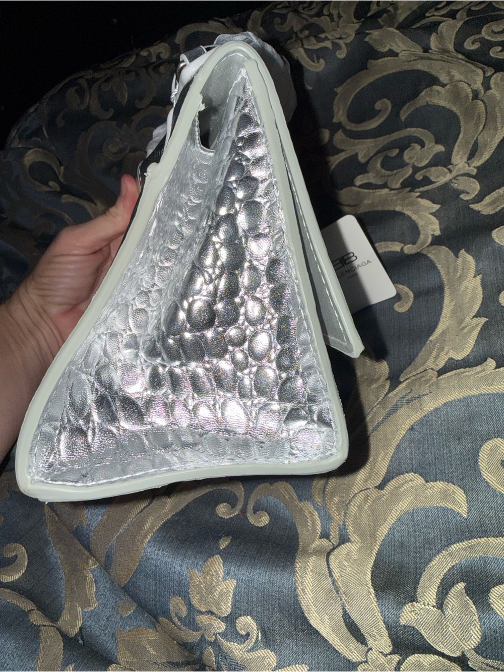 Designer Inspired Silver Croc-Embossed Top Handle Bag - Picture 5 of 9
